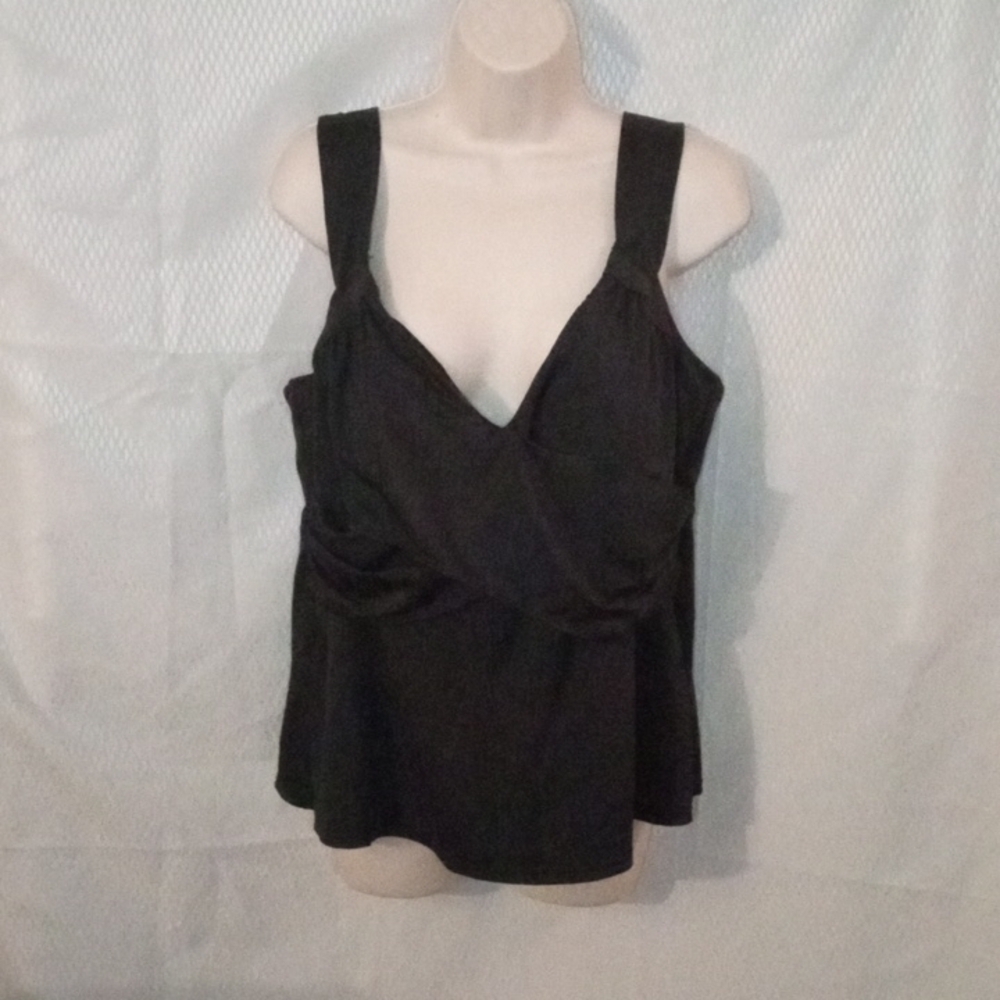 Swim 365  Top, 18W, Black,  V- neck, adjustable strip, faux rap overlay,…